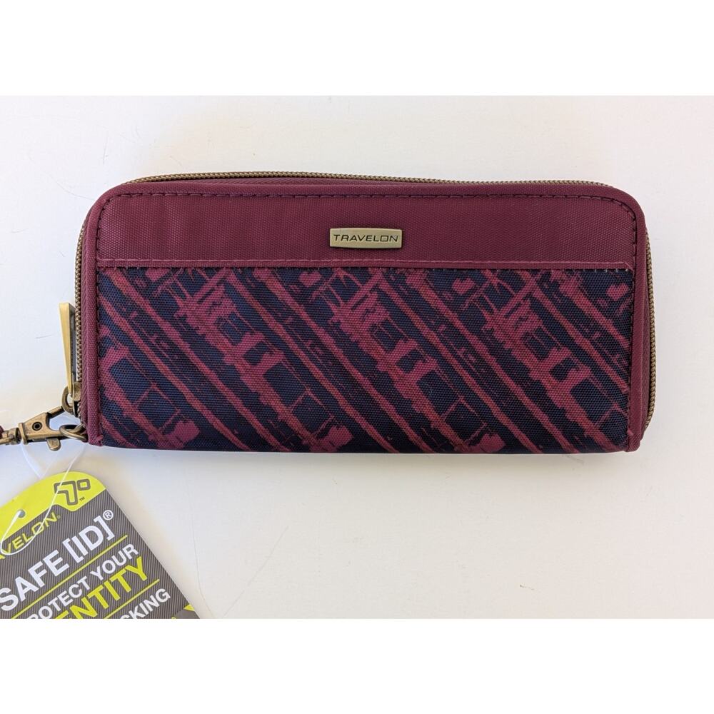 Travelon Wallet Safe ID RFID Blocking Zip Around Wristlet Strap Navy Burgundy